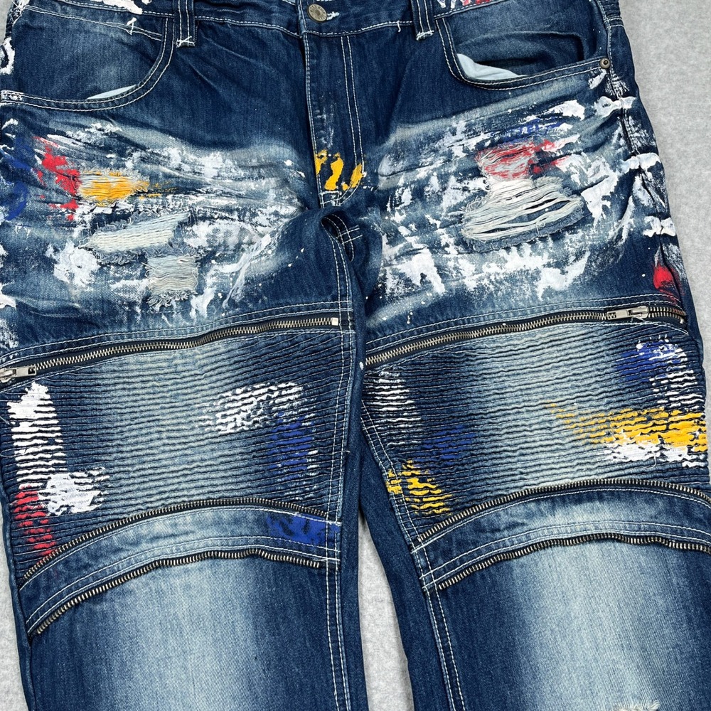 Smoke Rise Denim Jeans Mens 44 (43x32) Blue Paint Splatter Distressed Streetwear - Picture 8 of 13